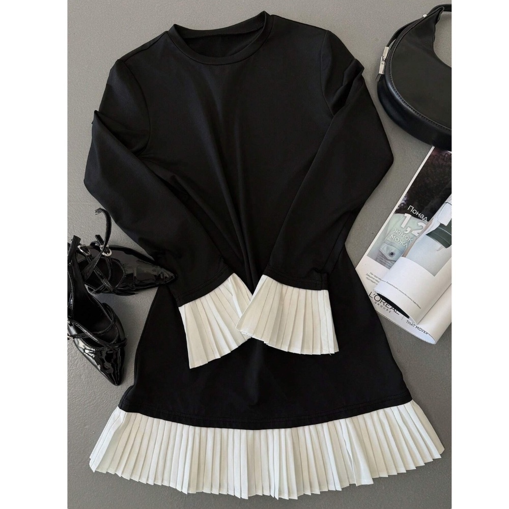 Short Black Dress White Skirt Cuff Pleated Trim Long Sleeve - Picture 8 of 10